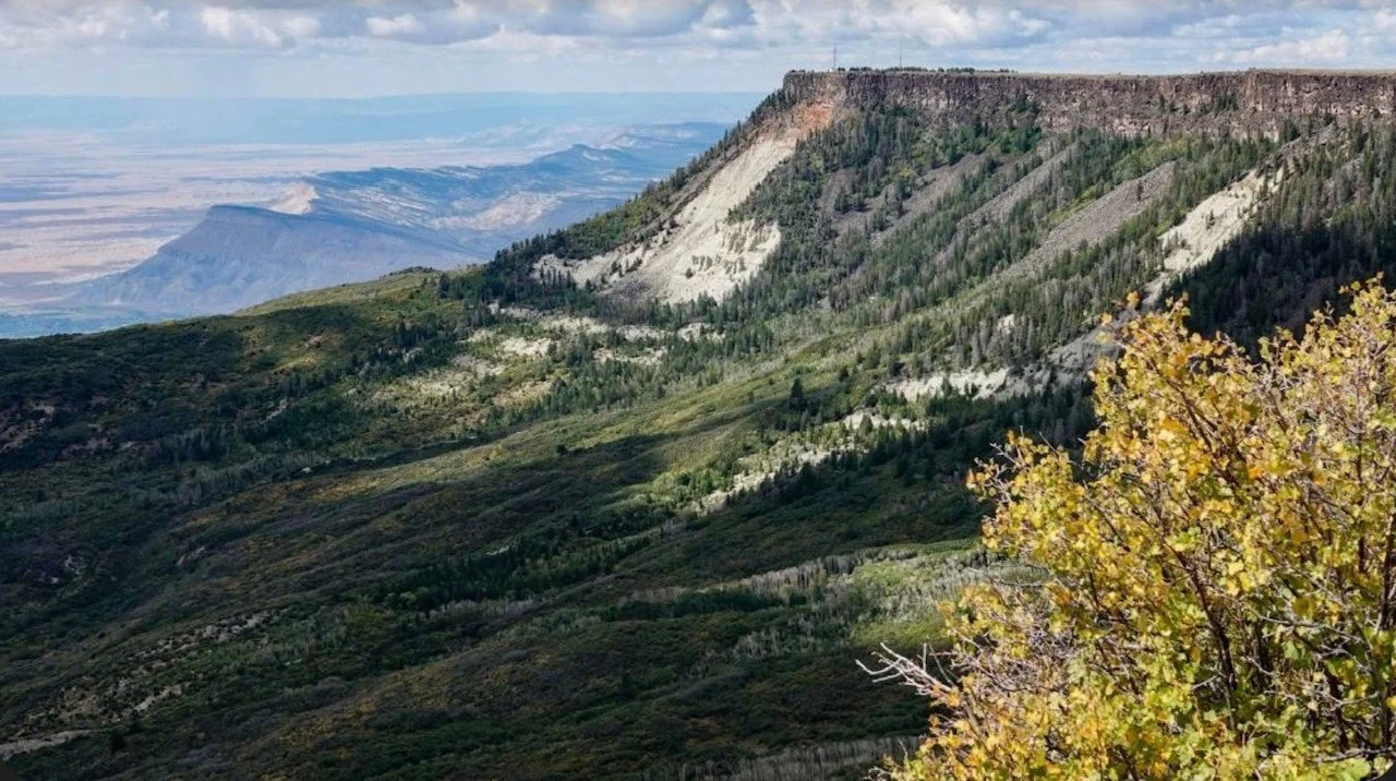 A landscape of a mountain range with a mix of green trees, shrubs, and some yellow autumn leaves in a foreground. The mountains feature rocky cliffs and forested slopes under a partly cloudy sky.