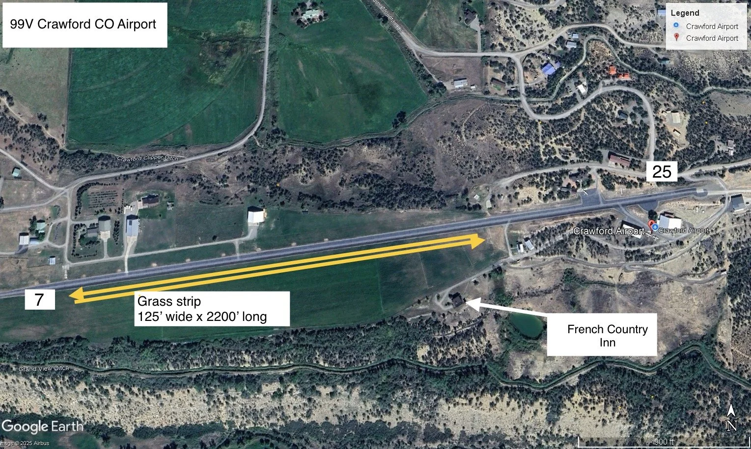 Satellite map of Crawford Colorado Airport with annotations, showing a paved runway, grass strip runway 125 feet wide and 2200 feet long, located near French Country Inn, with surrounding roads, buildings, and natural terrain.
