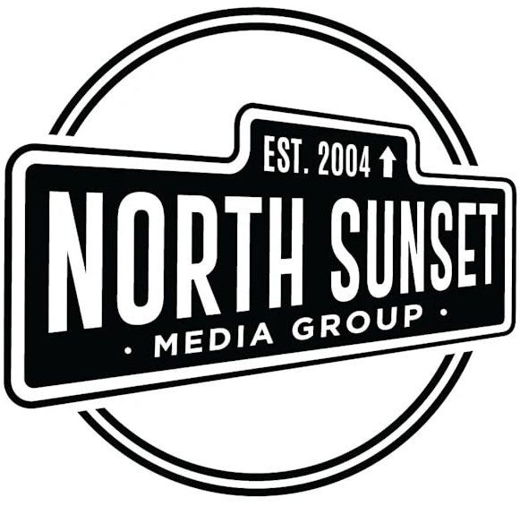 Black and white logo for North Sunset Media Group, established in 2004, featuring stylized text and a circular border.