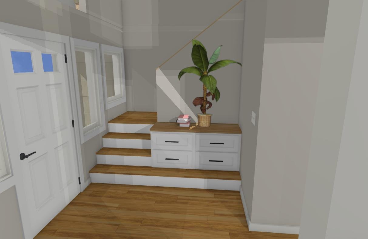 3D design rendering of an entryway drop zone in Kitsap County. Reimagining an oversized staircase to create a dedicated built-in landing for daily essentials and improved home organization.