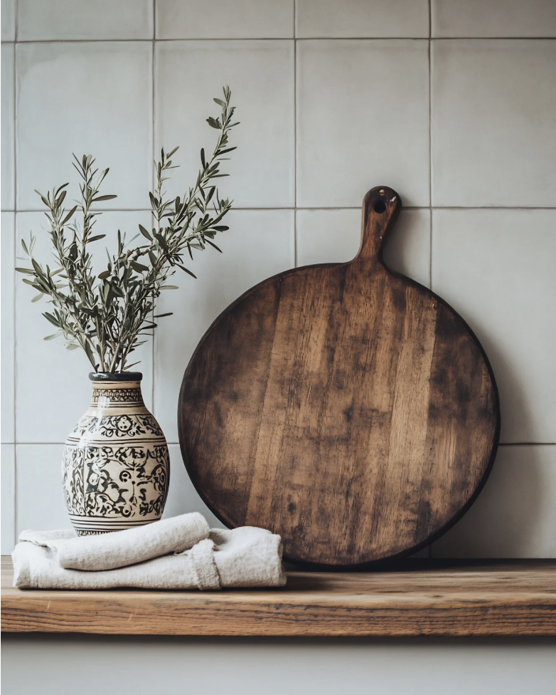 A decorative display featuring a patterned ceramic vase with green leafy branches, a folded white cloth, and a round wooden serving board with a handle, all arranged on a wooden surface in front of a tiled wall.