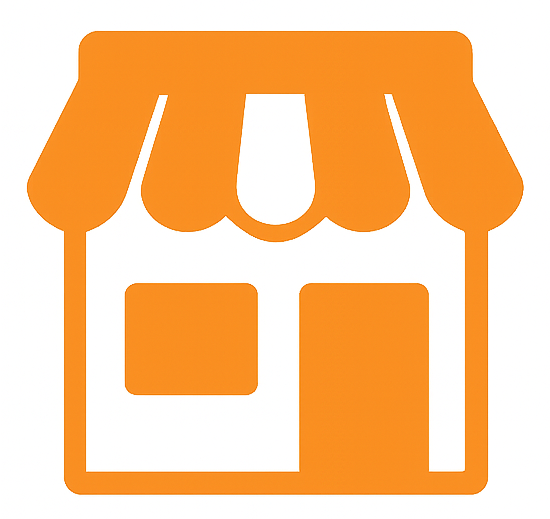 Orange storefront icon with an awning, window, and door.