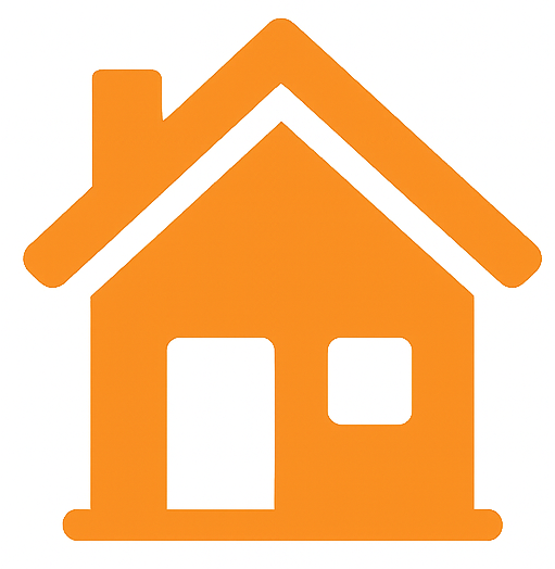 Orange house icon with a chimney, door, and window.