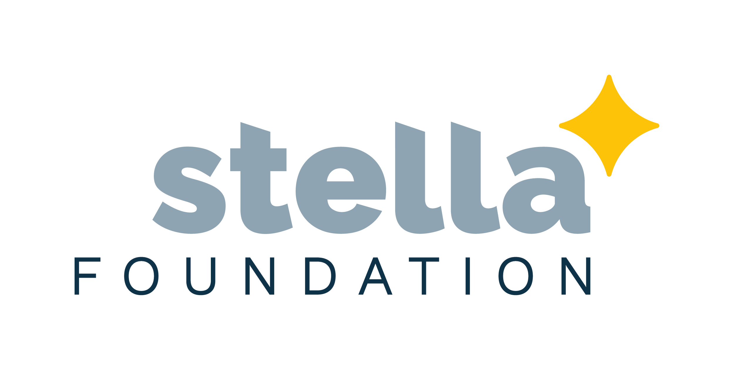 Stella Foundation logo with stylized text, large gray letters spelling 'stella', gold star shape, and smaller black text 'FOUNDATION' beneath