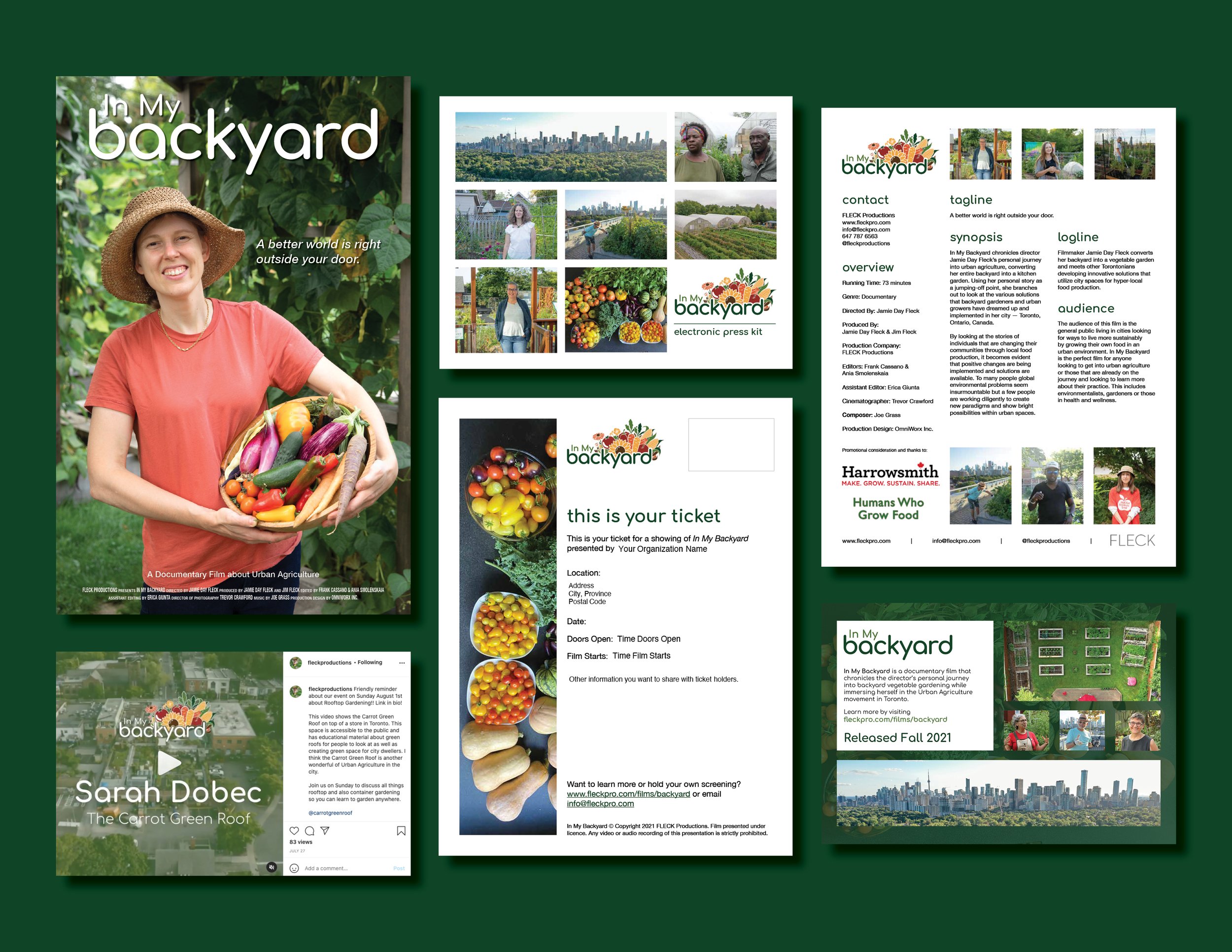 Various promotional materials for 'In My Backyard' documentary, including a poster with a woman holding a basket of vegetables, a collage of photographs, a ticket, a flyer with information about the documentary, a social media post, and additional promotional and informational printouts.