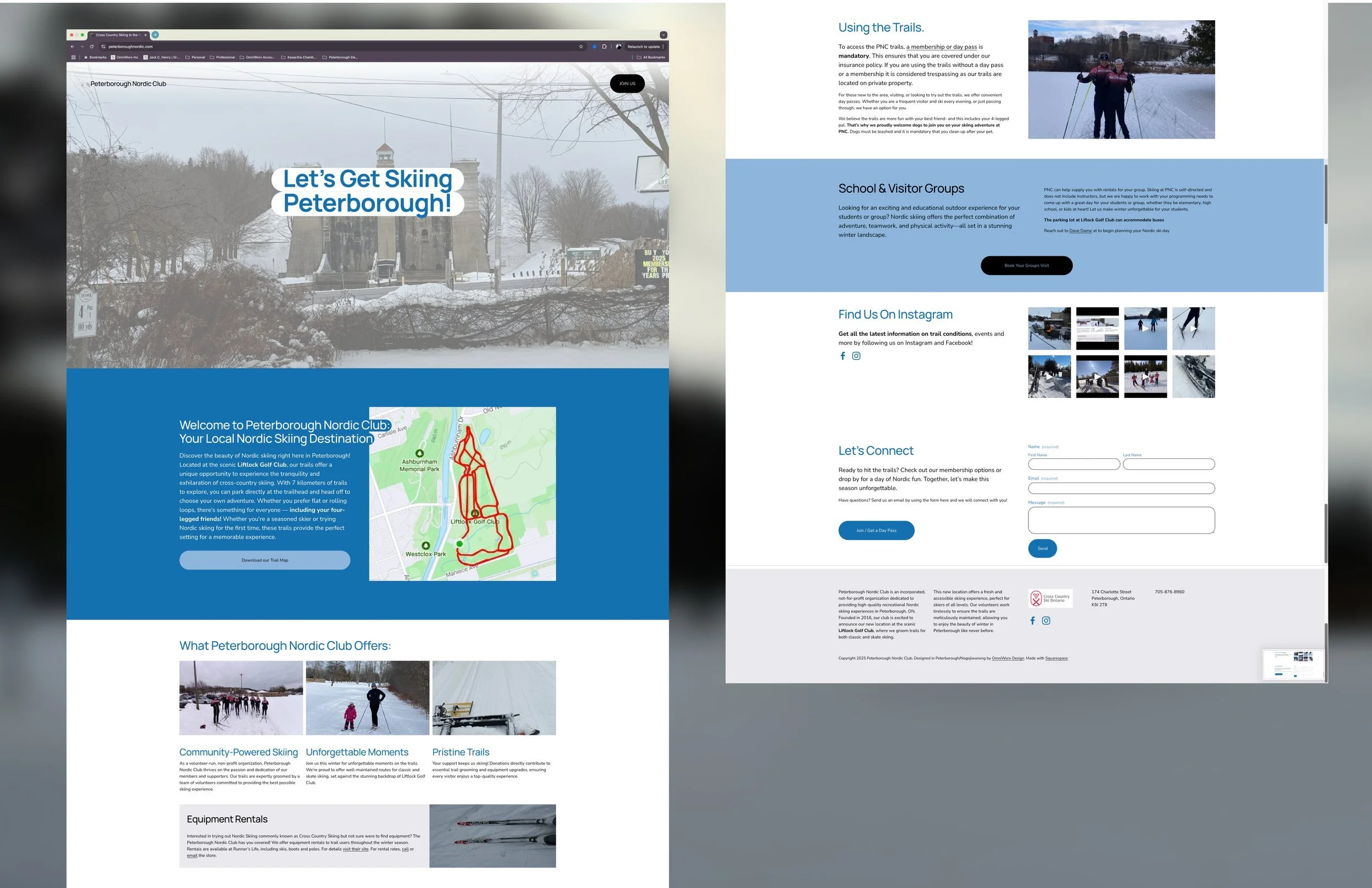 Two web pages displayed side by side. The left page is a website for Peterborough Nordic Club with a snowy image of the club's entrance, a map of ski trails, and information about skiing activities and equipment rentals. The right page contains information about using trails, school and visitor groups, social media links, and a contact form for connecting with the club.