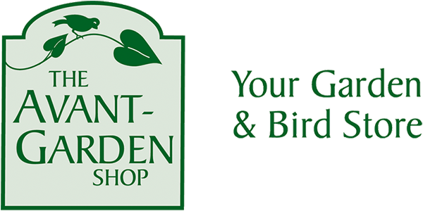 Logo for The Avant-Garden Shop with plant and bird branch design and text indicating it is a garden and bird store.