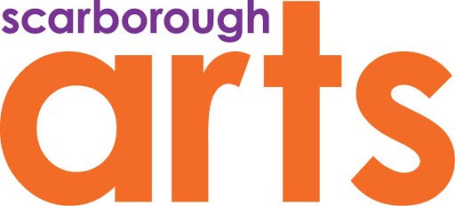 The image displays the words 'Scarborough Arts' in large, colorful letters on a white background.