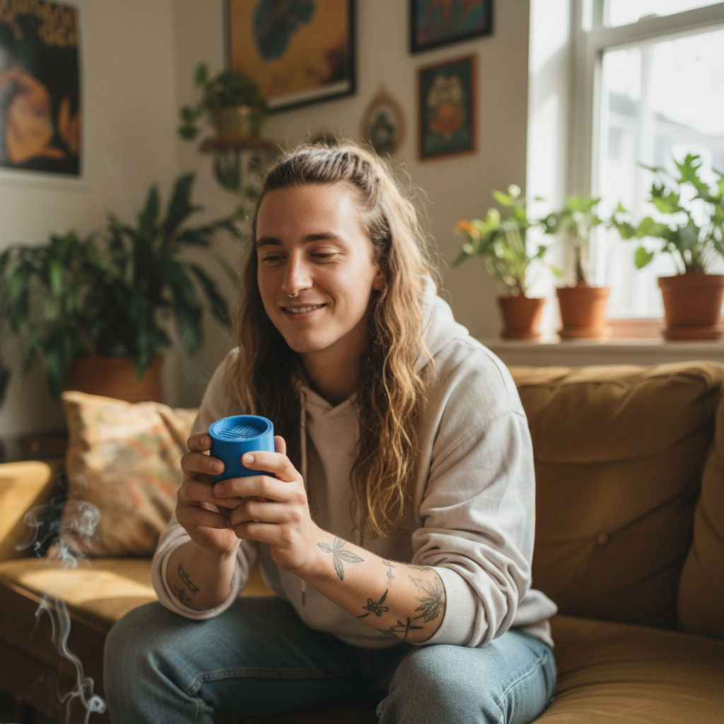 A young man with long wavy hair and tattoos on his arms smiling while holding a blue cannabis, herb grinder in a cozy living room with potted plants and wall art.