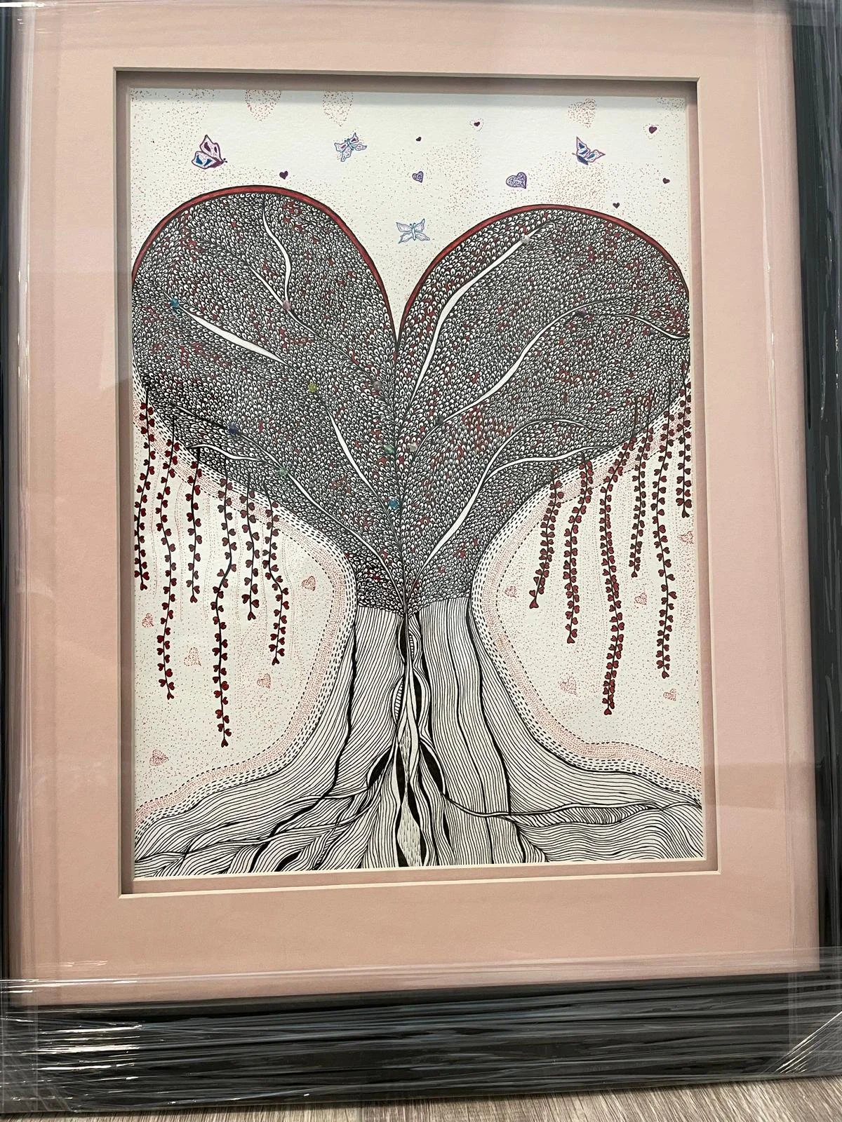 Priya Seetharaman - Canada - “Tree of Life fusion”-A unique  Zendoodle fusion with stippling and line art Tree of life combined with hand embroidered beads, pearls on  350 gsm paper framed& Ready to hang
