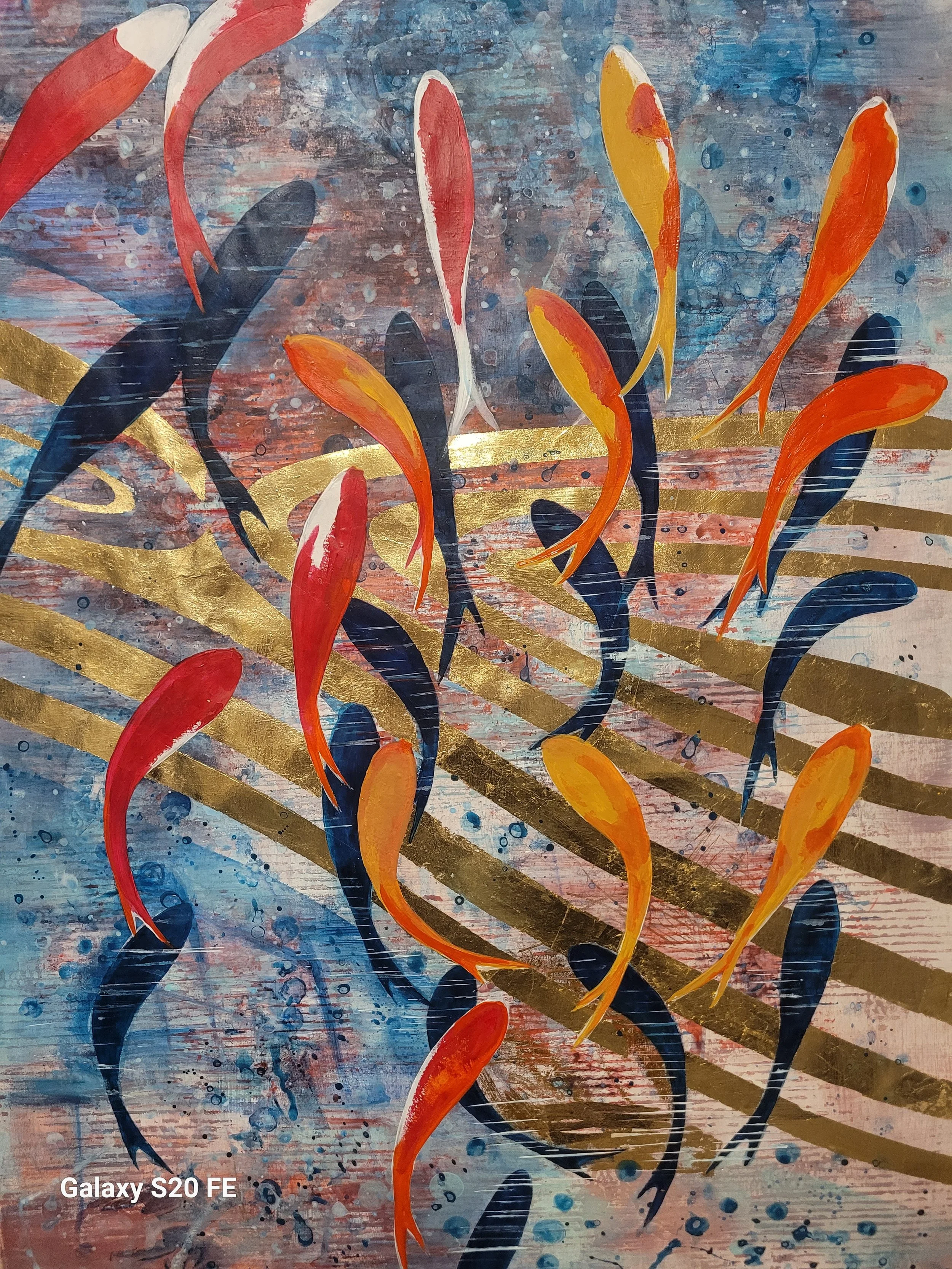 Frederica Henrieta Lecornu - United Kingdom - "Golden Koi Fish, Acrylic with gilding on impregnated paper, framed in hand-gilding wooden frame, 107 x 77 cm"