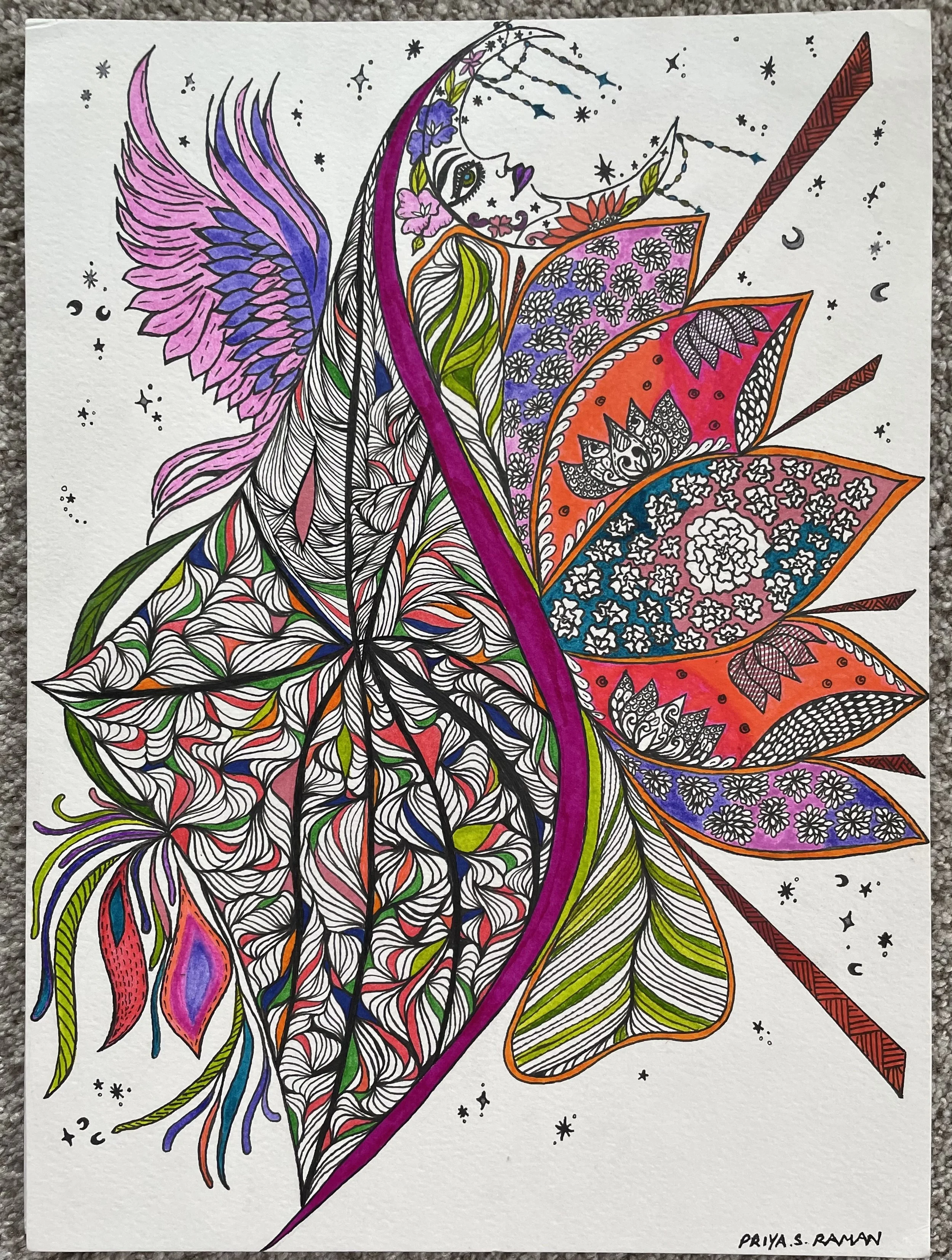 Priya Seetharaman - Canada - "Celestial Bloom-An intricate Zentangle-inspired multimedia drawing  blending surreal human portraiture with vibrant organic motifs using fine liners & acrylics in 2026"