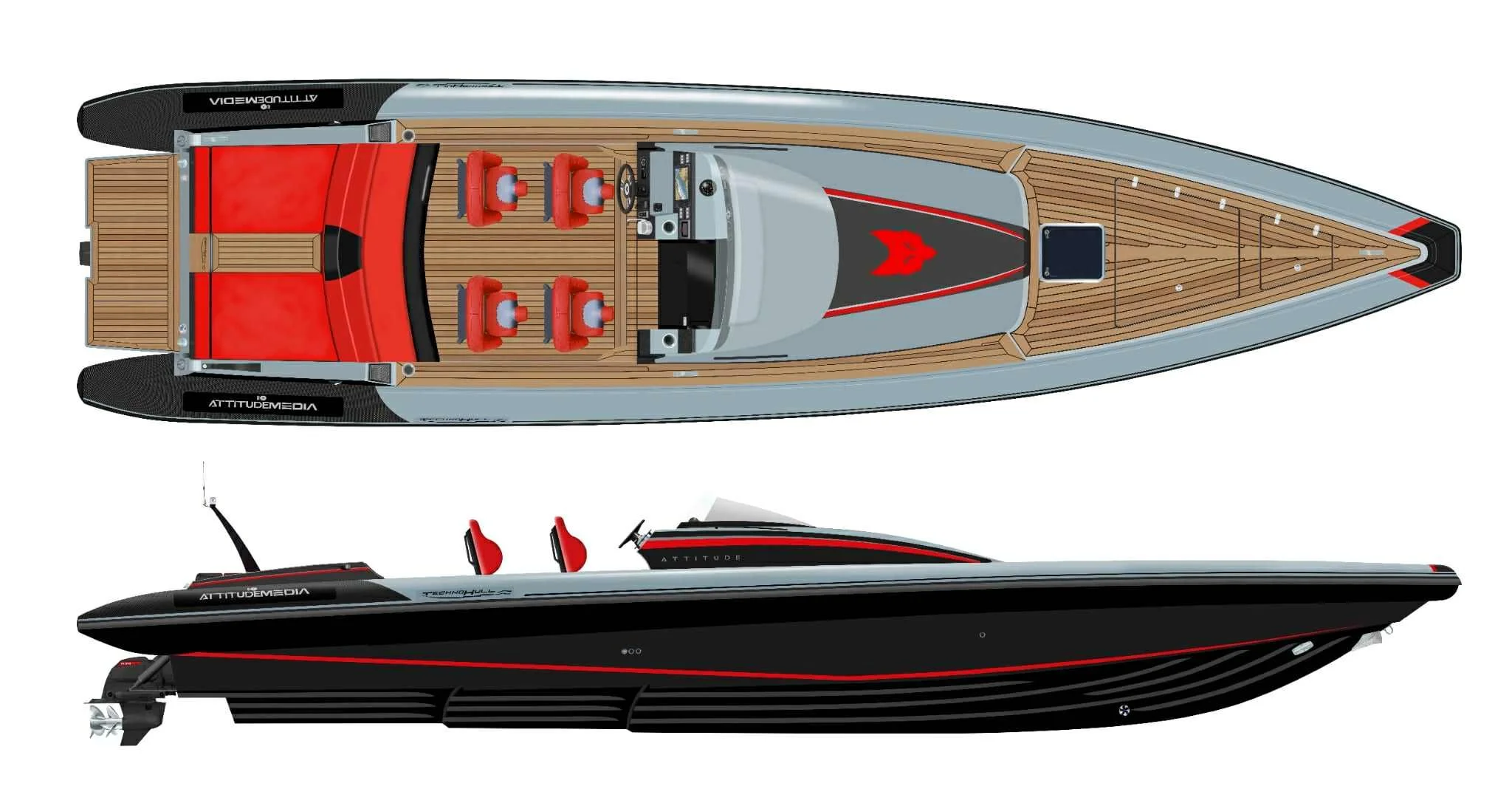 render drawings technohull attitude 35 from above and side luxury powerboat available for charter from lymington