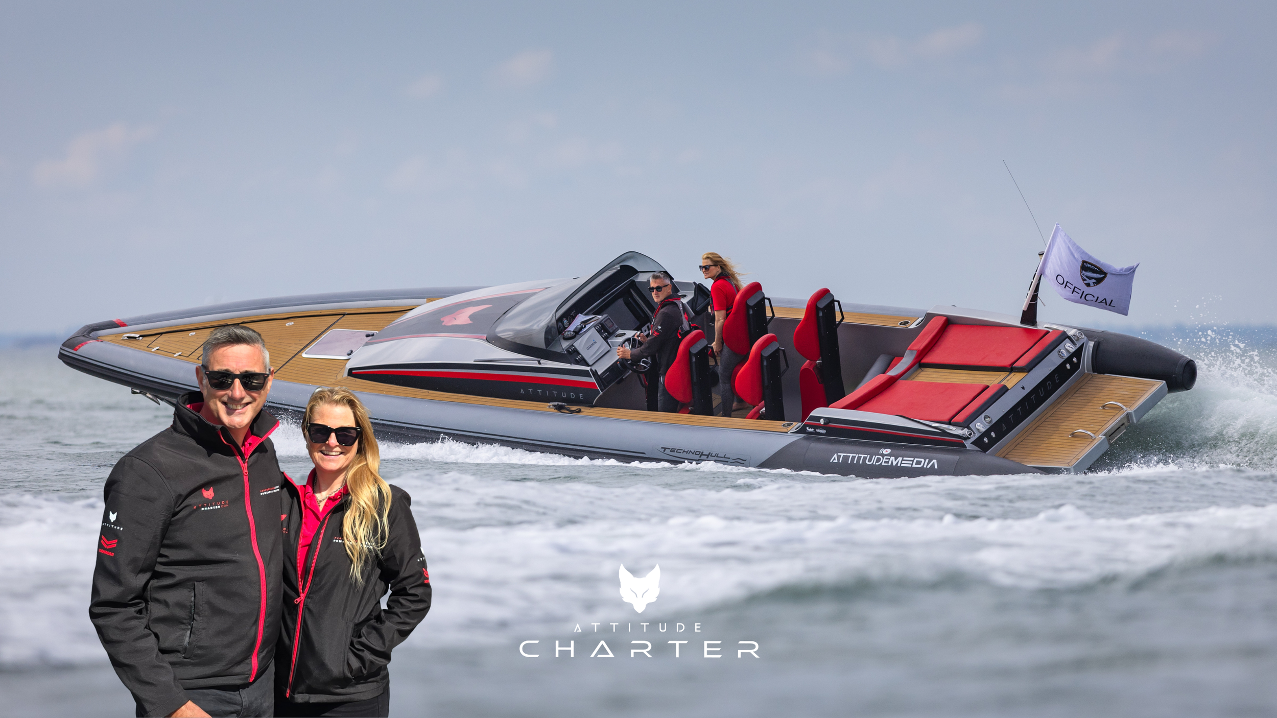 tim and terri in the technohull attiude 35 luxury charter powerboat