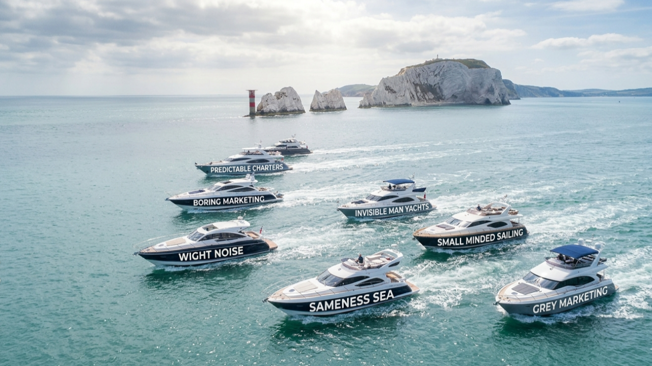 fleet of boring looking motor boats passing the needles all with forgettable names in the side