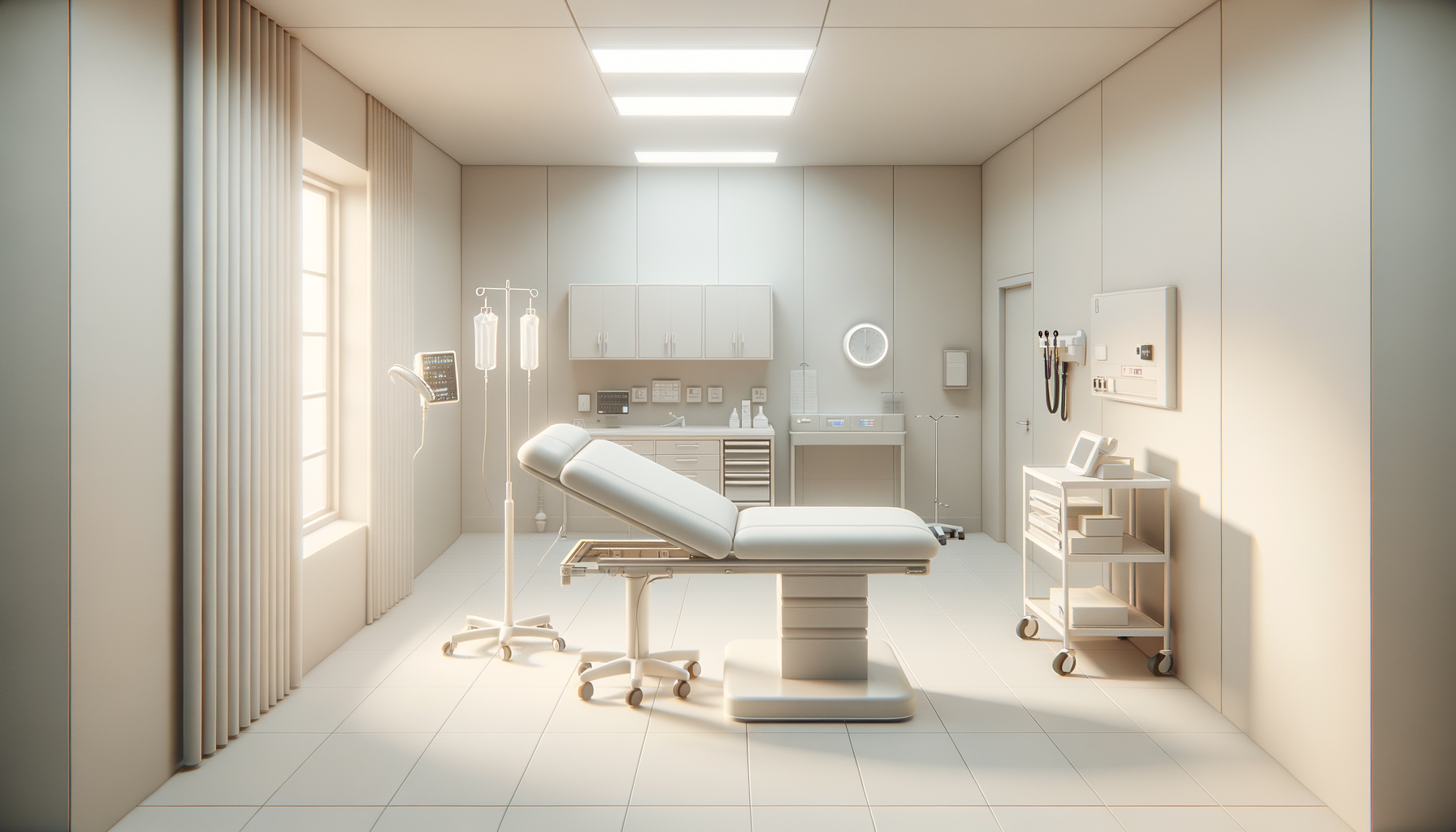 A sterile hospital operating room with a medical bed, IV stands, medical equipment, cabinets, and medical tools on the walls.