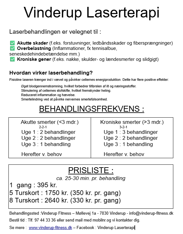 Information sheet about Vinderup Laser Therapy, detailing treatment for acute and chronic pain, treatment frequencies, and pricing.