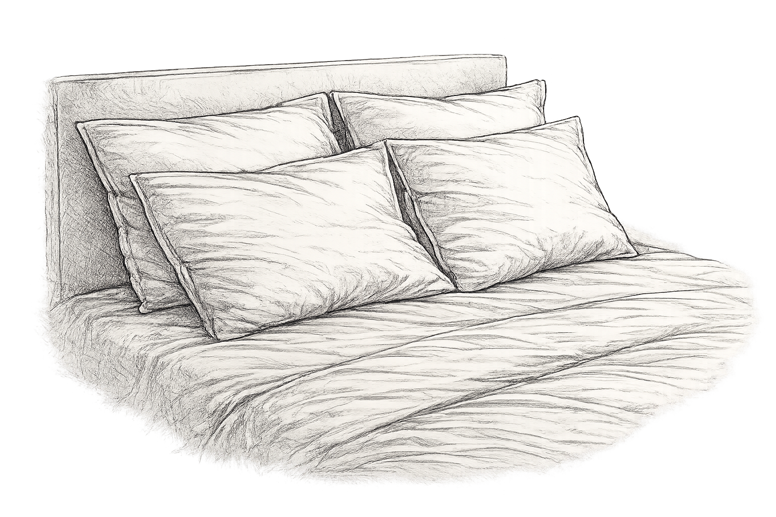 Sketch of a bed with a headboard and four pillows, with linen sheets and pillowcases.