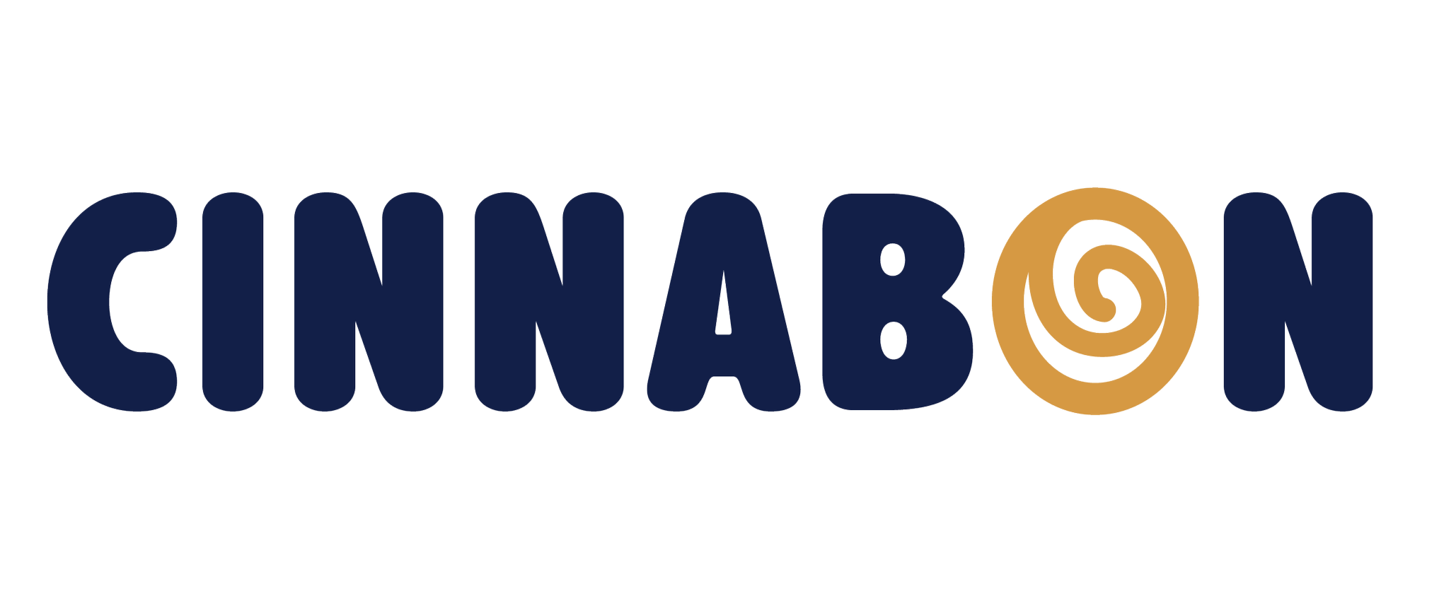 Cinnabon logo with dark blue text and a spiral cinnamon roll in place of the second 'O'.