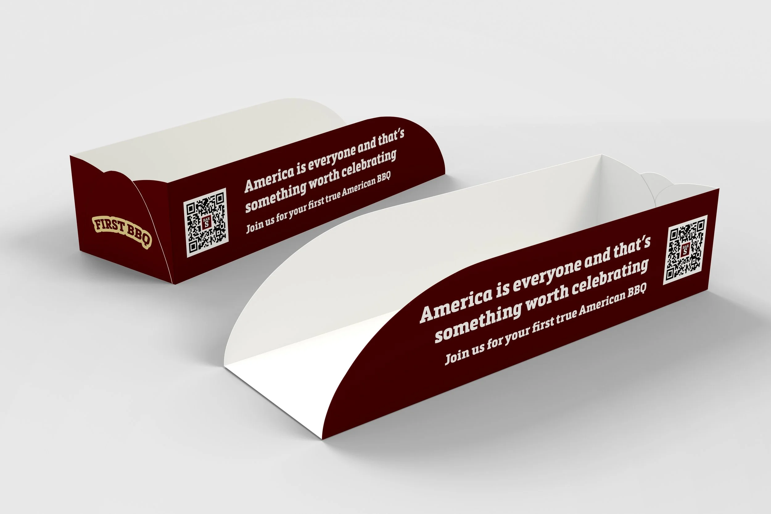 A decorative promotional booklet with maroon and white colors, featuring text about celebrating America and an American BBQ event, with QR codes on the sides.