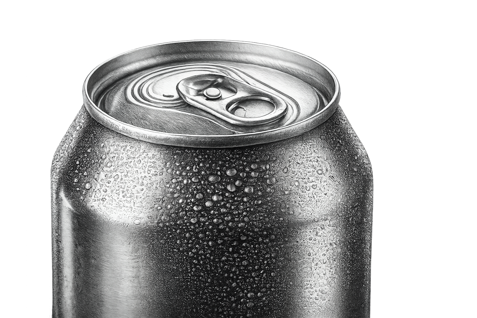 Close-up of a soda can with condensation droplets on its surface, viewed from the top.