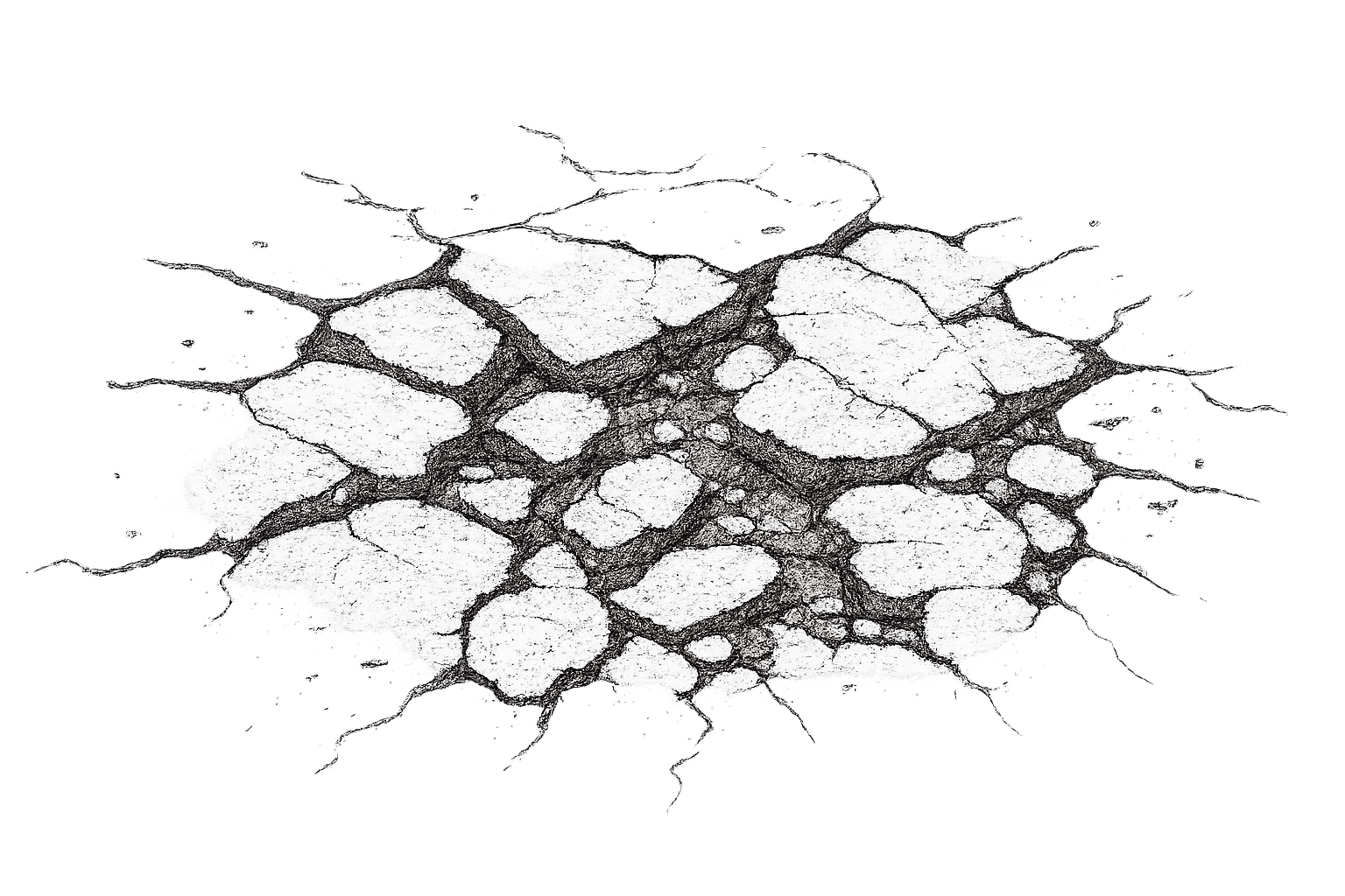 A black-and-white illustration of a cracked, dry, and parched surface with cracks radiating outward against a black background, resembling a dried mud or earth surface.