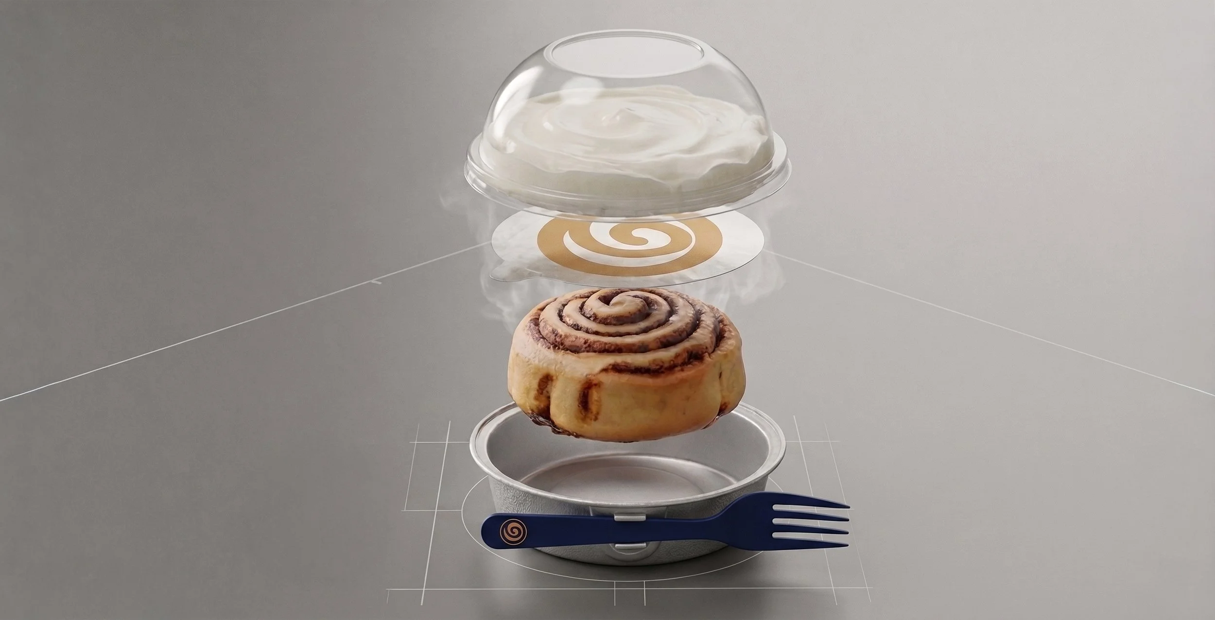 An augmented reality visualization of a cinnamon roll dessert stacked in five transparent layers, with a fork labeled with a spiral logo in front, on a gray surface with grid lines.