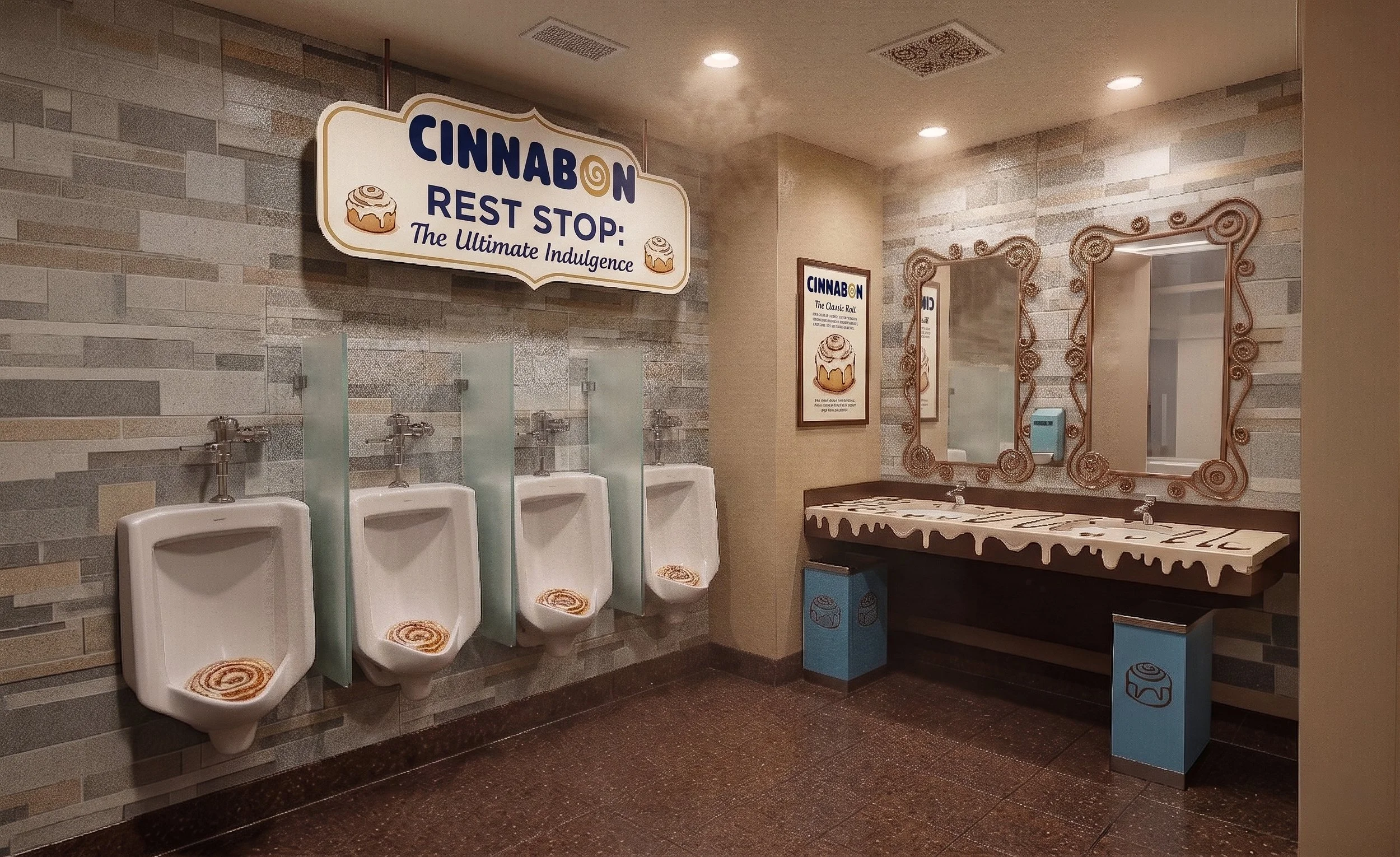 A public restroom with three urinals on the left, each with a cinnamon roll graphic on the seat. Above, a sign reads 'CINNABON REST STOP: The Ultimate Indulgence' with images of cinnamon rolls. On the right, there are two framed posters, a mirror with a decorative frame, and a countertop with multiple sinks and soap dispensers.