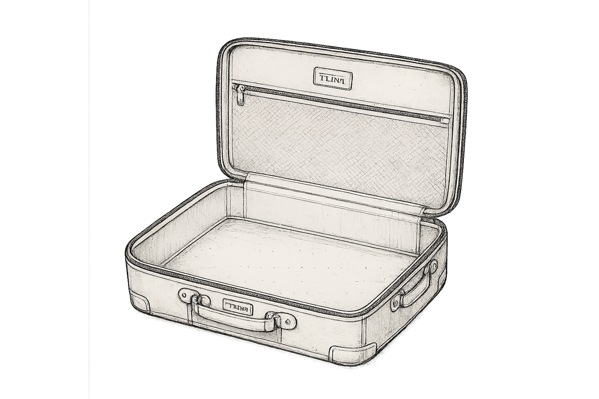 A line drawing of an open vintage suitcase with a handle and a zippered pocket on the inside of the lid.