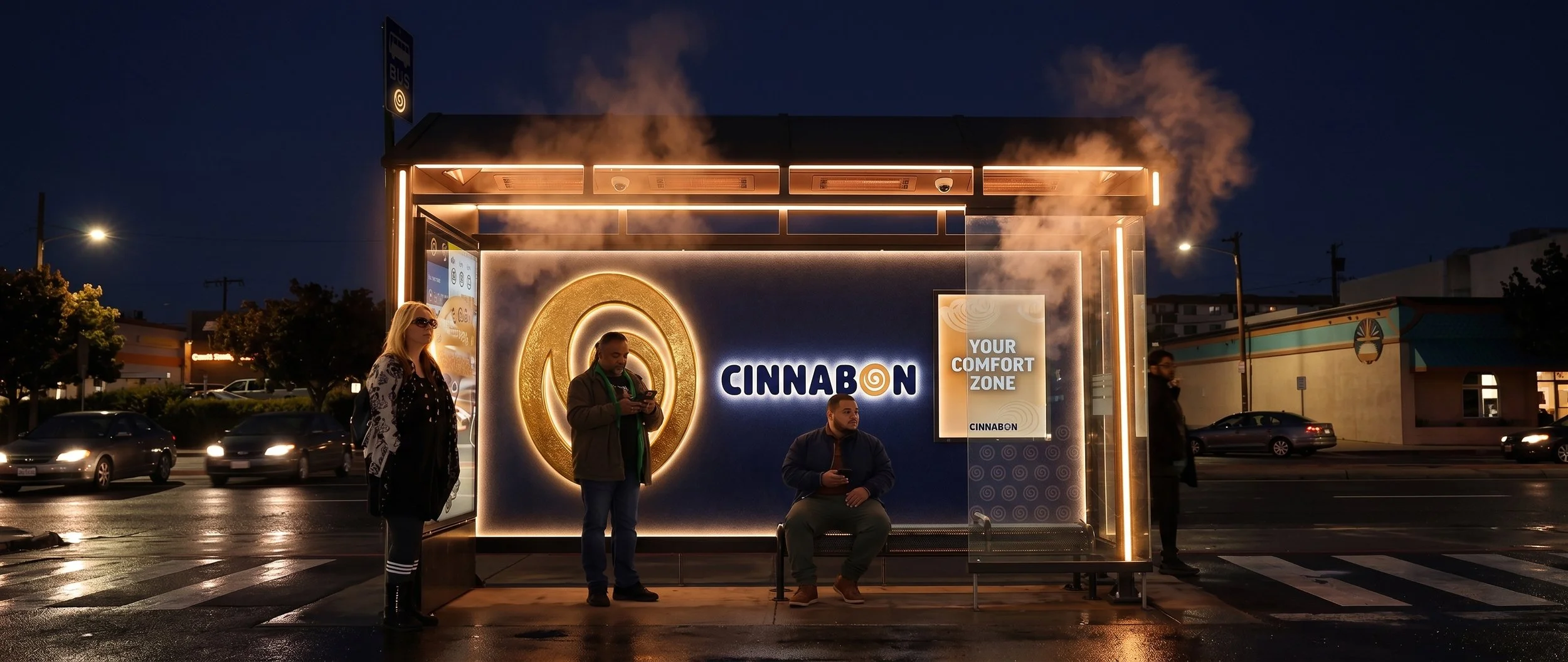 A bus stop illuminated at night with people waiting, featuring a display for Cinnabon with the slogan 'Your Comfort Zone.'