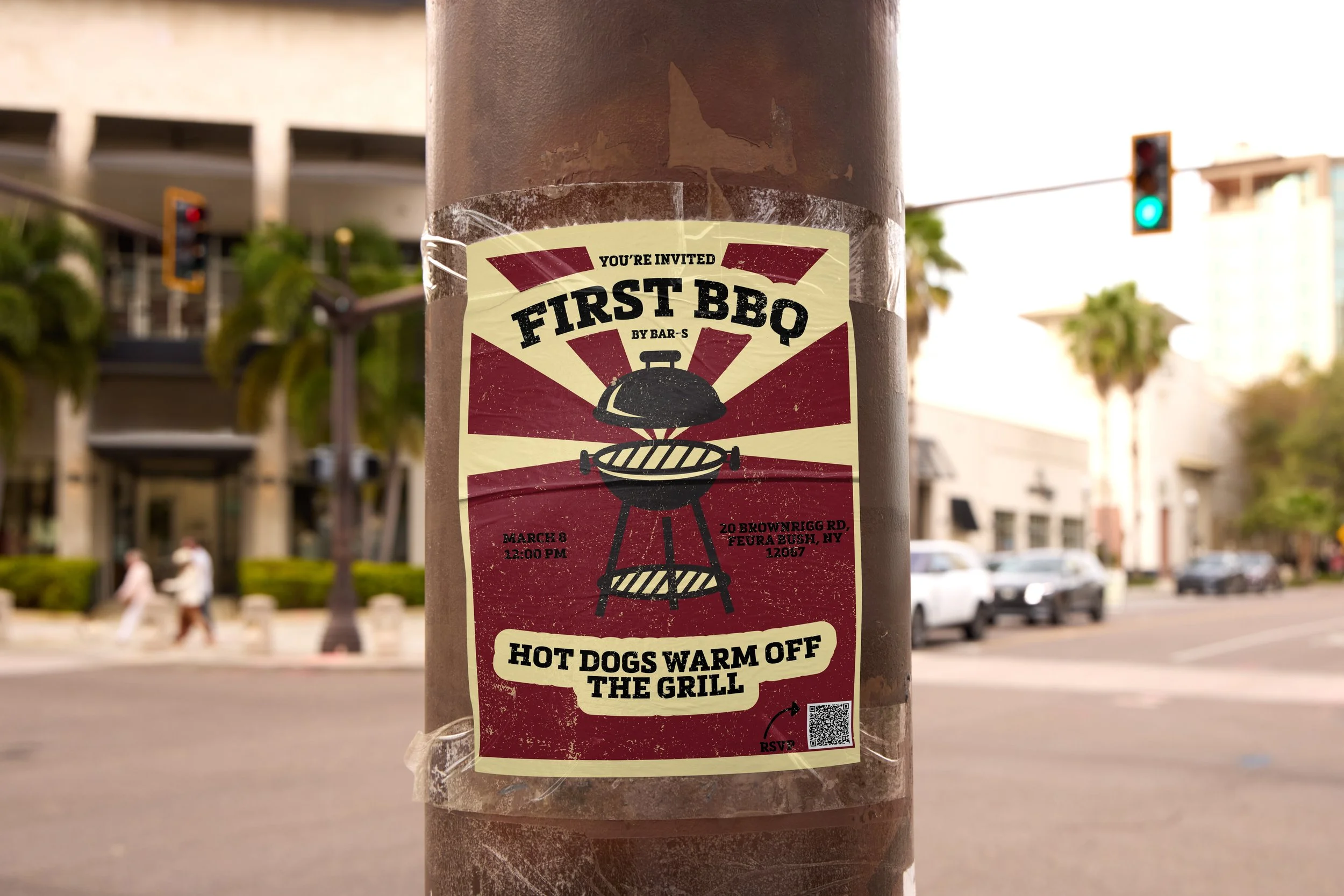 Flyer taped to a pole advertising a First BBQ event by Bar-S on March 8th at 12:00 PM at 20 Browning Rd., Feura Bush, NY 12067, featuring hot dogs grilled on a barbecue.