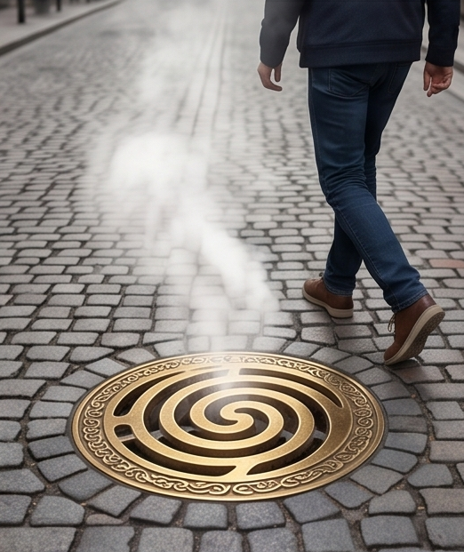 Person walking past a decorative, golden, spiral-patterned manhole cover on cobblestone street, with steam rising from it.