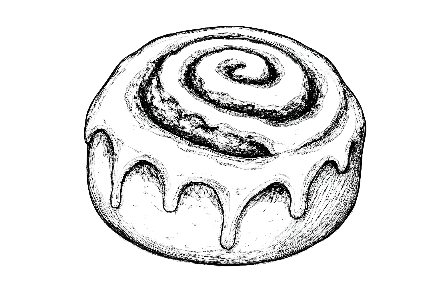 Black and white sketch of a cinnamon roll with icing dripping down the sides.