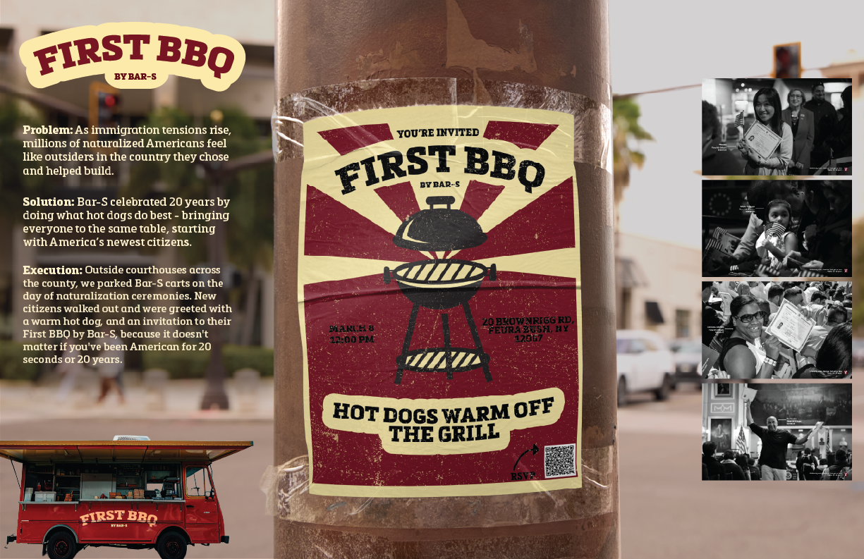 A flyer for a First BBQ event by Bar-S, featuring details about the date, time, and location, along with a graphic of a barbecue grill and a message inviting people to enjoy hot dogs warm off the grill.