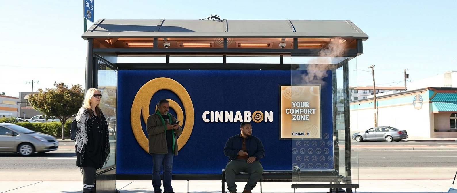 Three people waiting at a bus stop shelter with a blue and gold design. A woman with blonde hair and sunglasses stands on the left, a man with a green scarf in the middle looking at his phone, and another man sitting on a bench with his phone on the right. The bus stop has a sign that reads 'CINNABON' and 'YOUR COMFORT ZONE.'