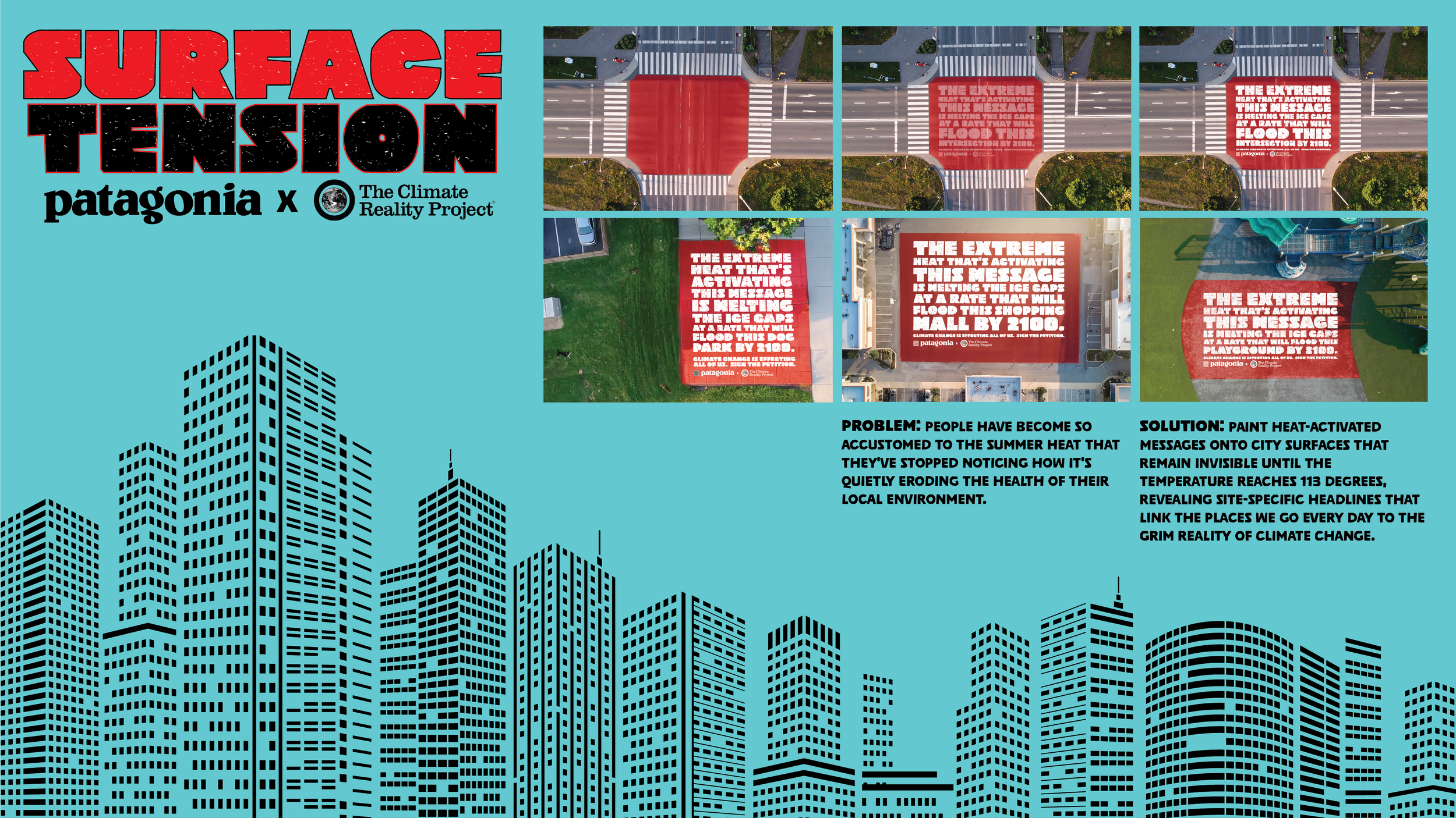 Series of red-painted crosswalks with messages about climate change, including melting ice caps and flooding, on city streets, accompanied by illustrations of city skyline.