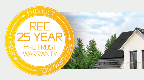 A circular yellow and orange badge with text indicating a 25-year product, labor, and warranty coverage. The badge reads 'REC 25 YEAR PRO TRUST WARRANTY' and is situated next to a house with a roof, trees, and a blue sky in the background.