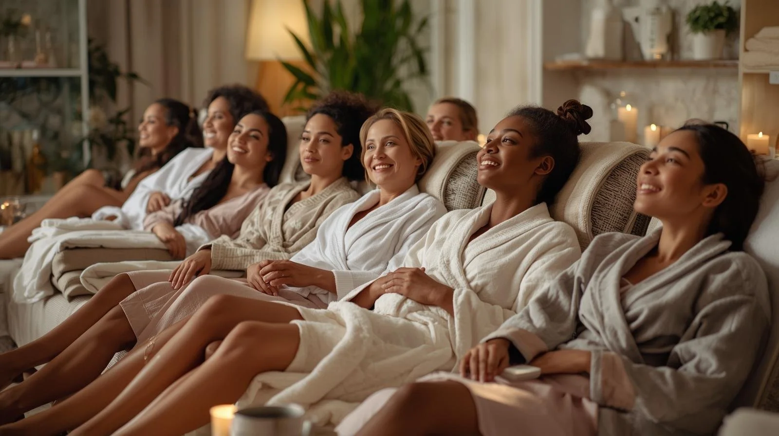 Group of women in robes sitting on a couch, smiling and enjoying a spa or relaxation session in a cozy room with candles and plants.
