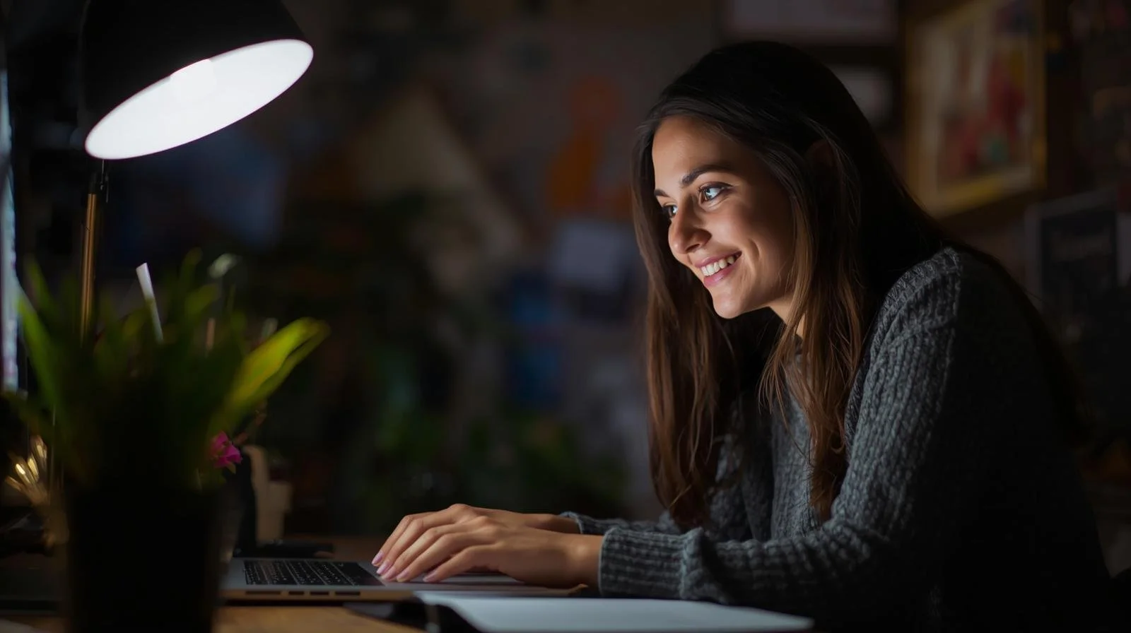 Young woman smiling and working on a laptop in a dimly lit room, illuminated by a desk lamp.