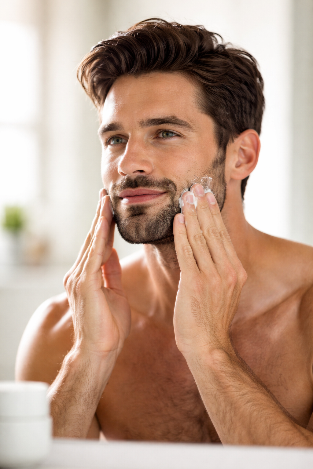 Beard care routine in a bright bathroom.png