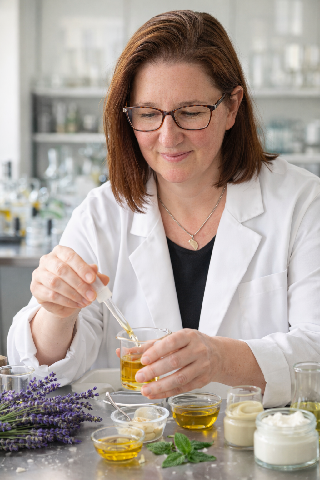 A woman with red hair and glasses in a lab coat using a pipette to transfer a yellow liquid into a glass beaker, surrounded by small bowls of additional liquids and herbs.