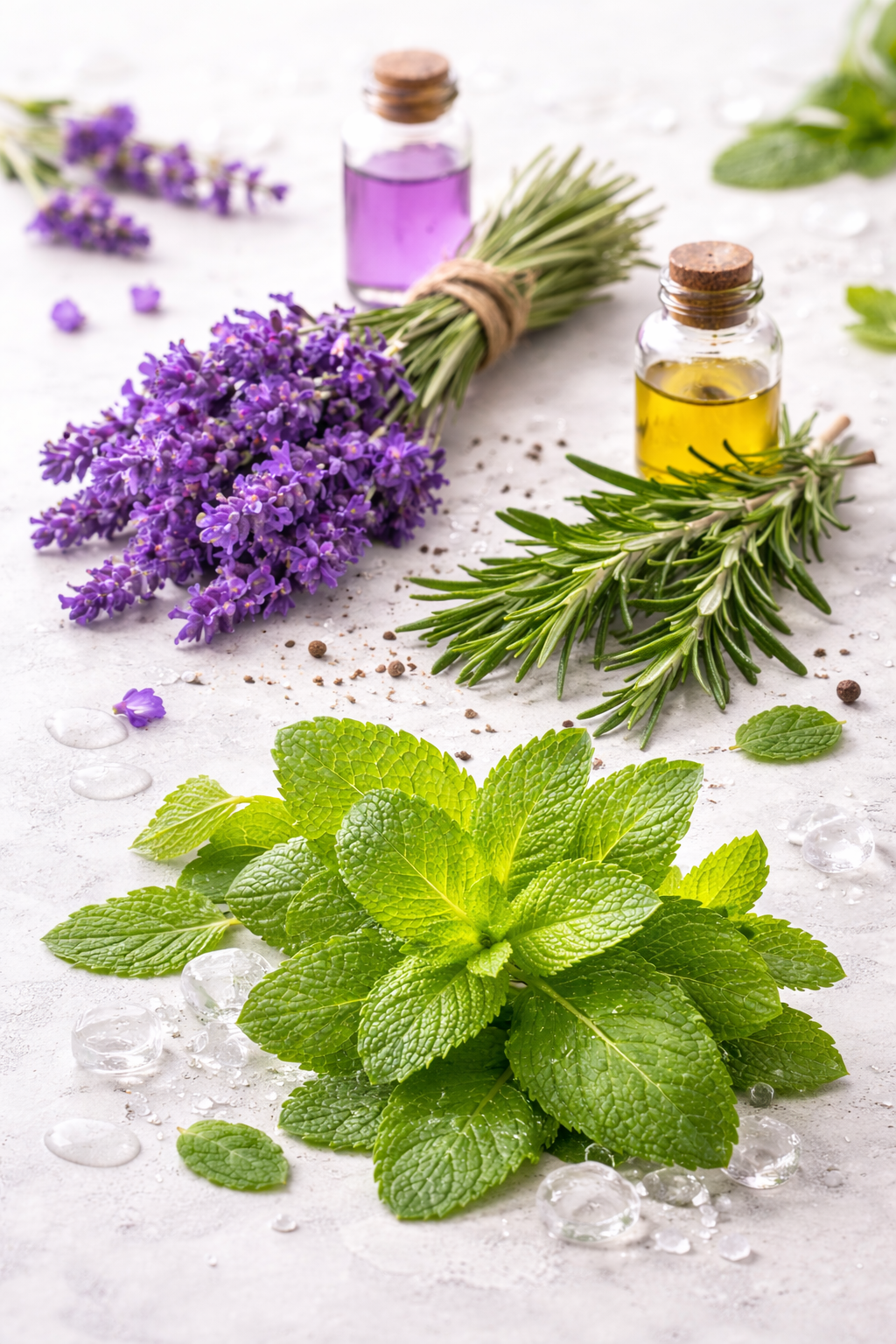 Fresh lavender, mint, and rosemary herbs with small bottles of purple and yellow essential oils on a white surface.