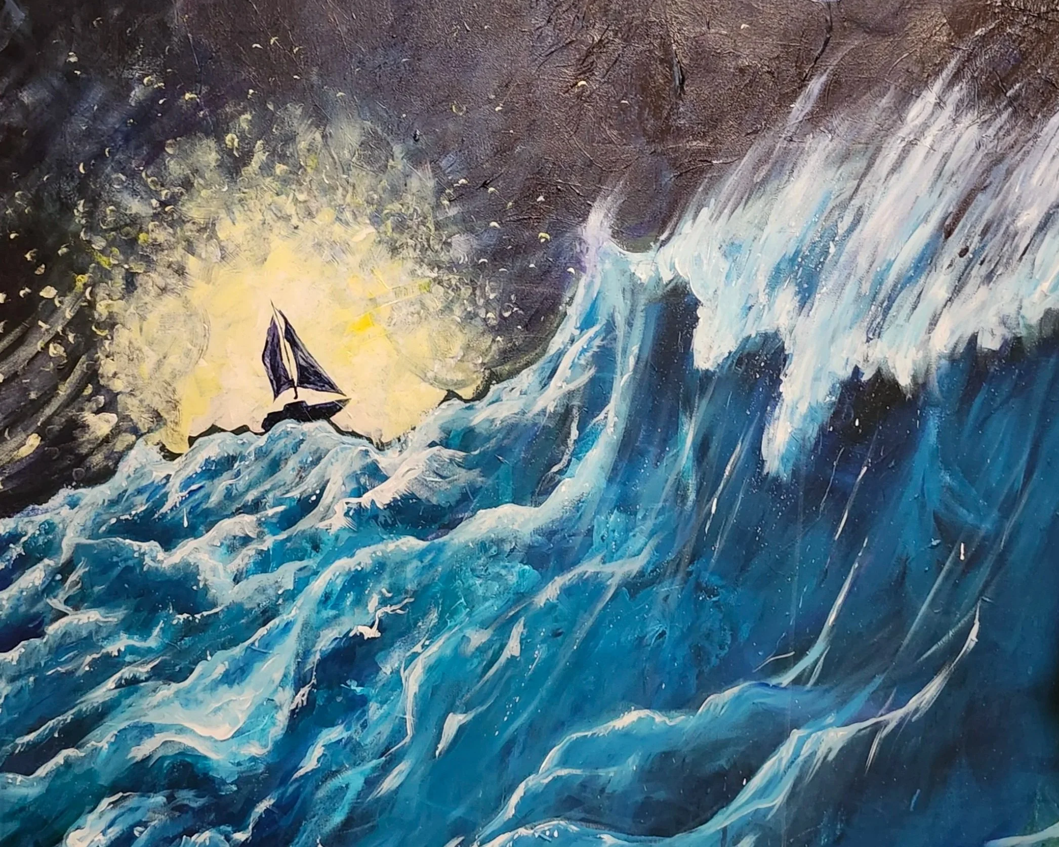 A painting of a sailboat navigating through turbulent blue ocean waves with a bright yellow sun and dark stormy clouds in the background.