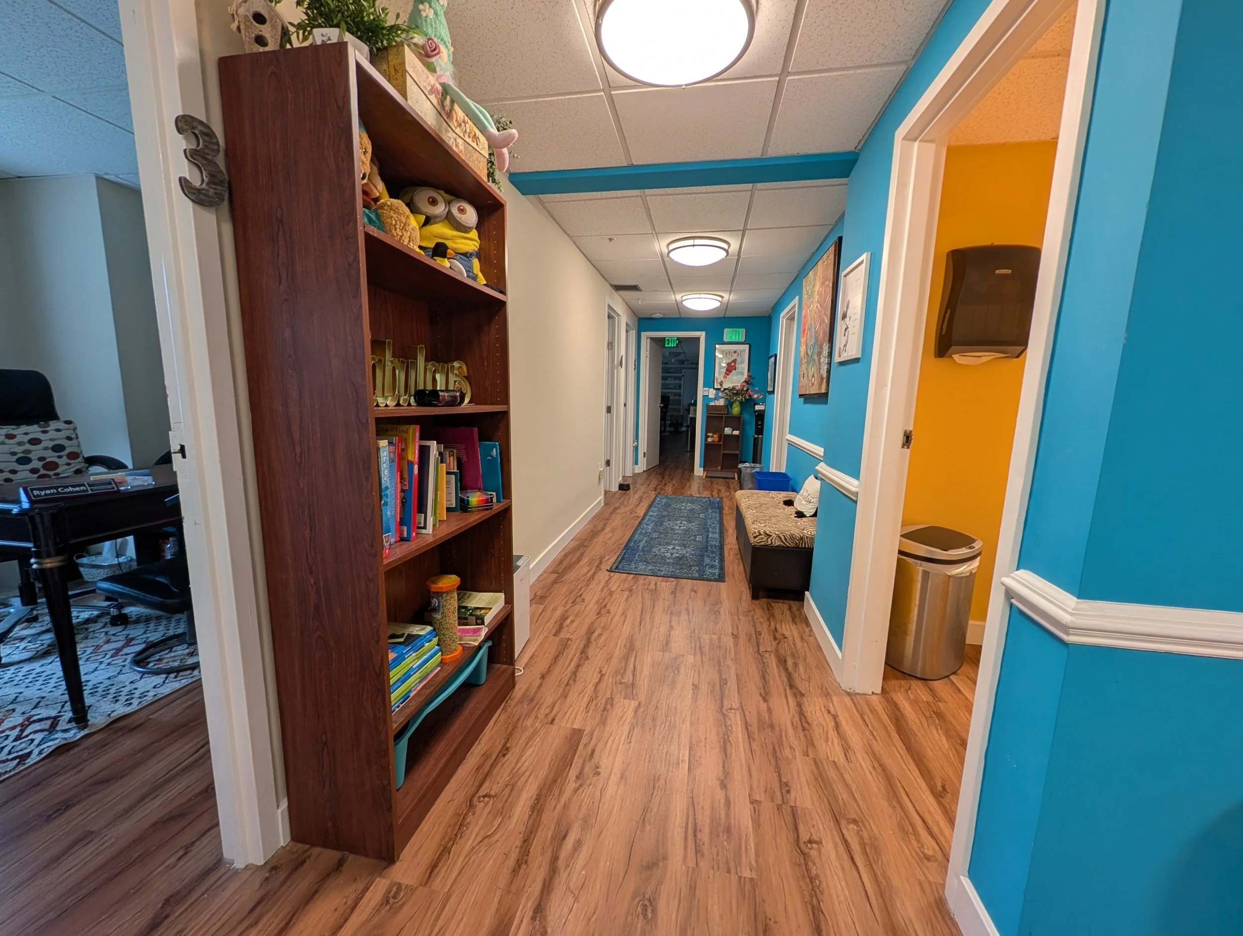 A hallway with bright, blue walls, wooden flooring, a bookshelf filled with books and plushies, wall-mounted art, and ceiling lights.