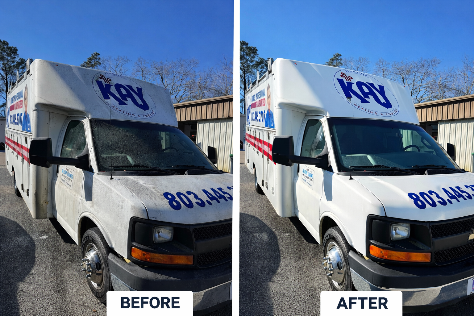 Before and after fleet van detailing by Zest Mobile Detailing restoring a plumbing service van in Columbia and Lexington South Carolina