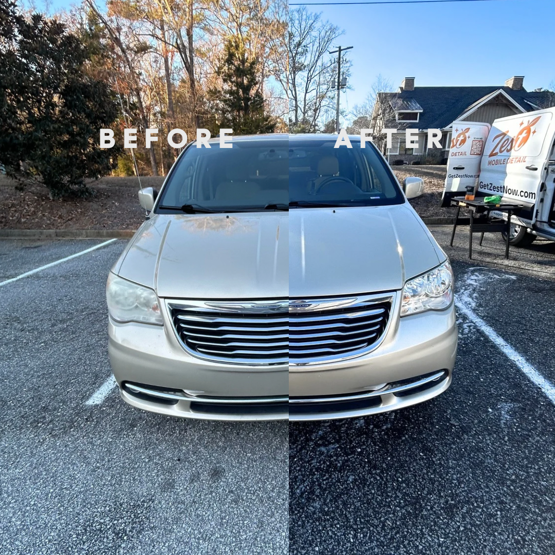 Before and after mobile detailing of silver minivan by Zest Mobile Detailing in Lexington and Columbia South Carolina