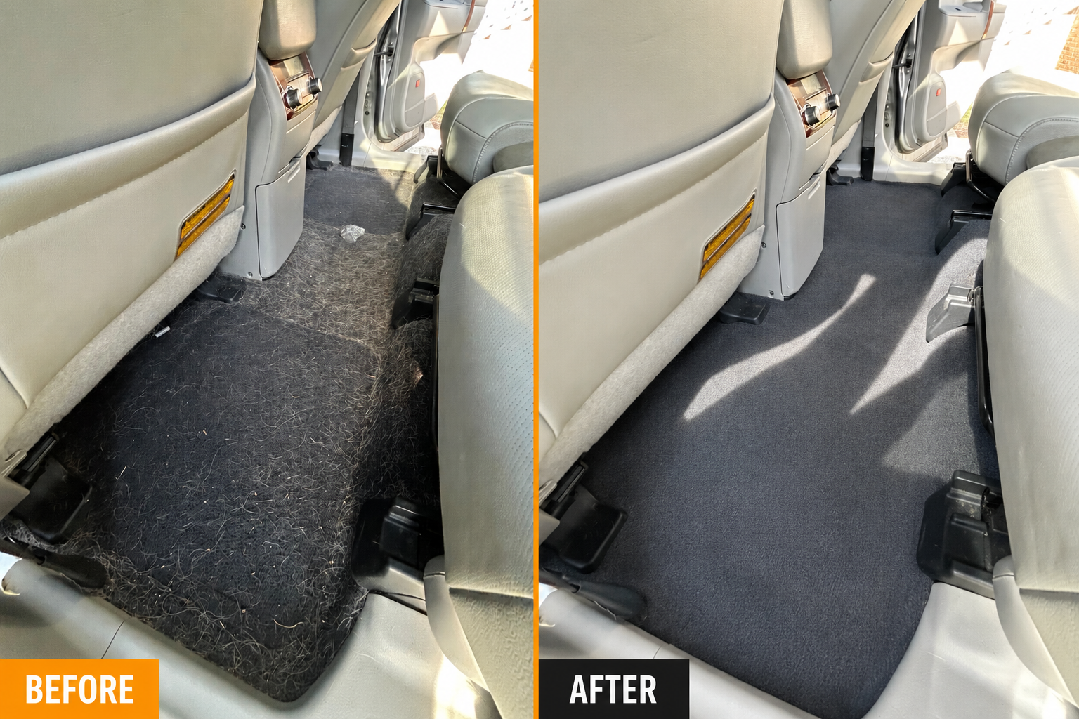 Before-and-after results from a professional pet hair removal and interior detailing service performed by Zest Mobile Detail in Columbia, SC. Years of embedded pet hair were carefully removed from the vehicle's carpet and interior surfaces, restoring