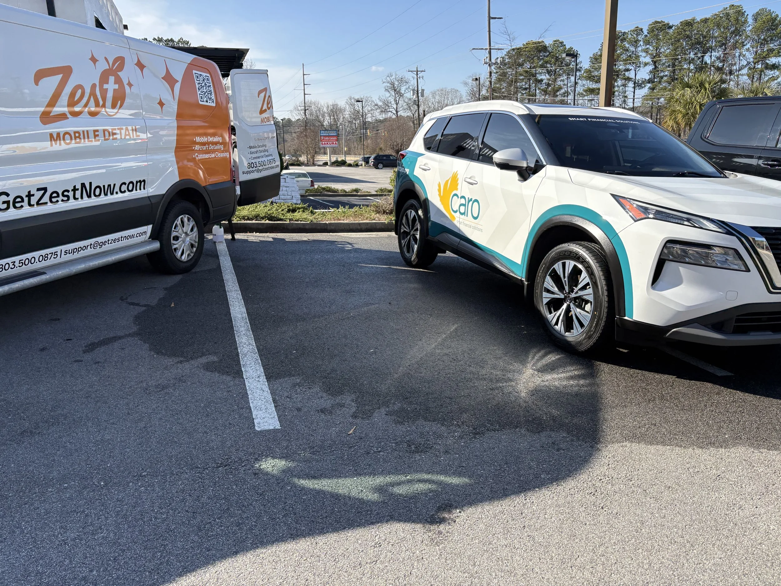 Zest Mobile Detailing service van in parking lot providing professional mobile car detailing in Columbia Chapin and Lexington South Carolina