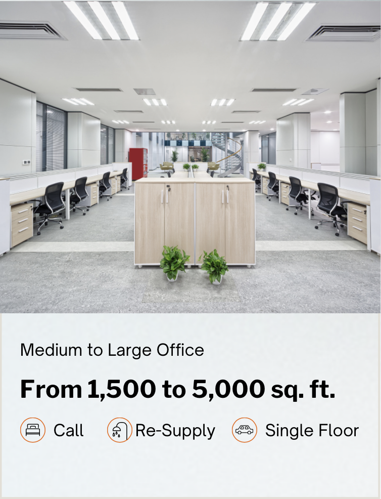 Modern office space with multiple workstations, a central cabinet, and potted plants, designed for medium to large offices of 1,500 to 5,000 square feet.