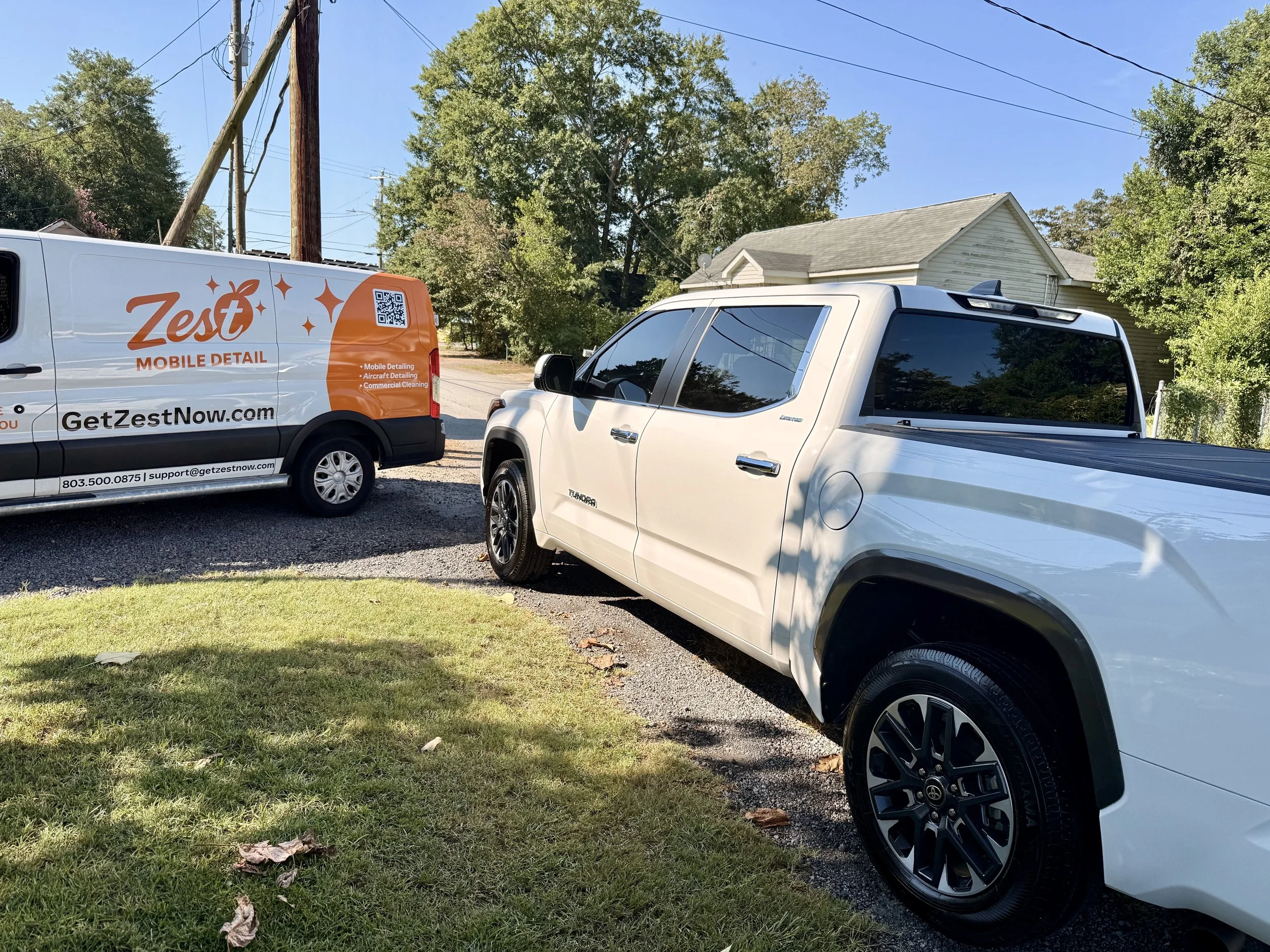 Zest Mobile Detail service van beside a freshly detailed Toyota Tundra in West Columbia, SC.